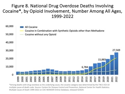 The number of deaths involving cocaine have also increased steadily since 2015 with 27,569 deaths reported in 2022 