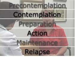 Words over image of person being interviewed - Precontempation, Contemplation, Preparation, Action, Maintenance, Relapse