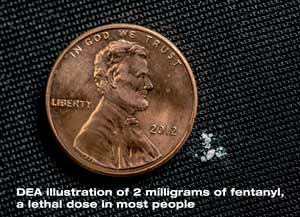 Image of a penny and a few specks of faux fentanyl to show lethality
