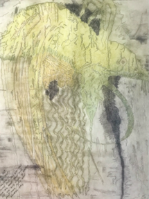 Artwork comprised of light yellows, lights greens, and greys by Dr. Nora Volkow