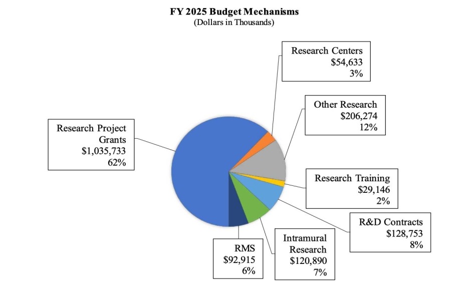 Budget mechanism in thousands - Research Centers ($55K, 3%), Other Research ($206K, 12%), Training ($29K, 2%), R&D ($128K, 8%), Intramural ($121K, 7%), RMS ($93K, 6%), Grants ($1,036K, 62%)