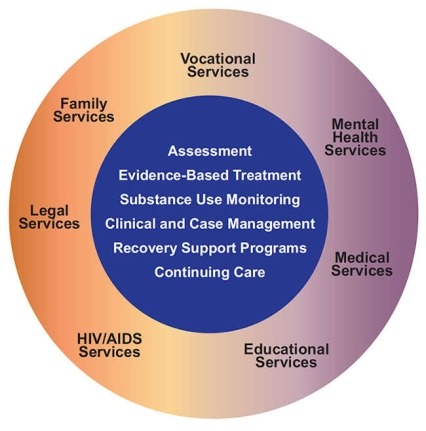 Graphic of components of drug addiction treatment with an outer and inner circle. The outer circle lists vocational services, mental health services, medical services, educational services, HIV/AIDS services, legal services, and family services. The inner circle lists assessment, evidence-based treatment, substance use monitoring, clinical and case management, recovery support programs, and continuing care. 