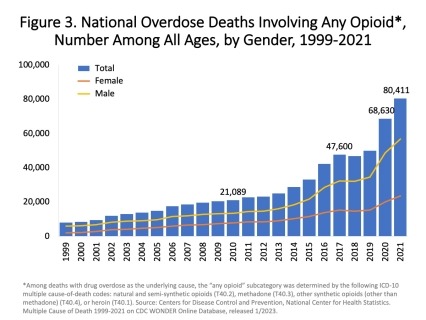 Figure 3. National Overdose Deaths Involving Any Opioid*, Number Among All Ages, by Gender, 1999-2021