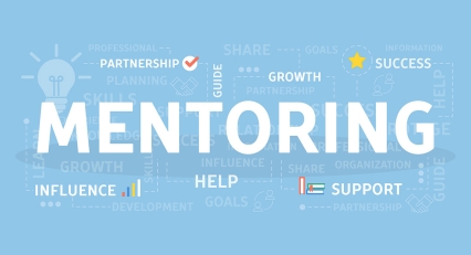 Word cloud with words related to mentoring, such as partnership, guide, growth, success, influence, help, and support
