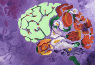 Art by Elizabeth Sewell, rendering of the brain captured in greens, oranges, and reds, with flowers and on a purple background. 