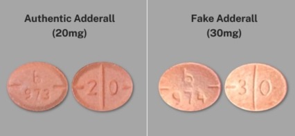 A graphic showing an image of real Adderall on th eleft and fake Adderall on the right.