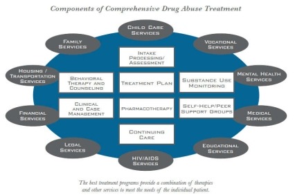 Components of comprehensive drug abuse treatment include assessment, treatment planning, pharmacotherapy, behavioral therapy, substance use monitoring, case management, support groups, and continuing care as well as child Care, vocational, mental health, medical, educational, HIV/AIDS, legal, financial, housing/transportation, and family services.