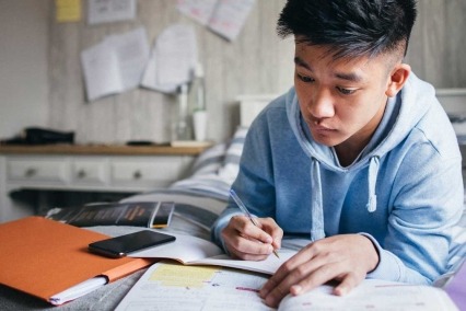Un estudiante de escuela secundaria estudiando en su casa