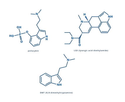 Top left: 2D chemical structure depiction of psilocybin; Top right: 2D chemical structure depiction of LSD (lysergic acid diethylamide); Bottom: 2D chemical structure depiction of DMT (N,N-dimethyltryptamine)