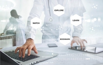 A photo of a scientist typing on a laptop with the words watch, learn, explore, and bookmark around the image