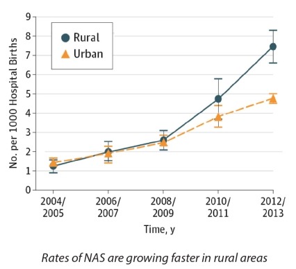 Line graph showing rates of NAS growing faster in rural areas than urban between the years of 2004 and 2013.