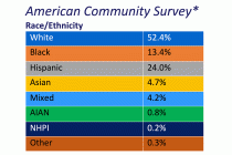 American Community Survey Race/Ethnicity. White 52.4%, Black 13.4%, Hispanic 24.0%, Asian 4.7%, Mixed 4.2%, AIAN 0.8%, NHPI 0.2%, Other 0.3%.