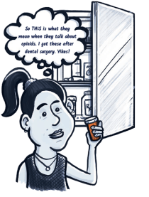 Drawing of a teenage girl looking at a prescription pill bottle that she got out of her medicine cabinet.