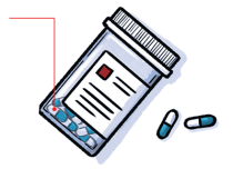 Drawing of a prescription pill bottle and two pills next to the bottle.