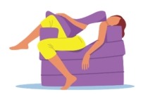 A graphic of a woman laying limp on a chair. Her leg and arm are hanging off the sides of the chair.