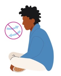 A side view graphic of a man sitting criss cross.  In front of his mouth are two arrows one pointing towards his mouth and the other pointing away from his mouth. These arrows are within a circle with a line crossed over the arrows.