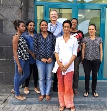 Martine Hennequin (front row center) and Dr. J. Randy Koch (back row center) with the staff of Fondation Joseph Lagesse in Mauritius. 