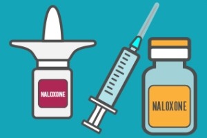 Naloxone Advisory showing inhaler and injection.
