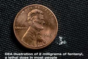 Image of a penny and a few specks of faux fentanyl to show lethality