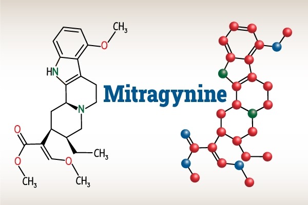 Mitragynine molecule. It is the herbal alkaloid with opiate-like properties produced by plant Mitragyna speciosa Korth, kratom. 
