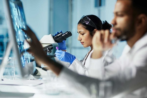 Scientists working on computer in modern laboratory