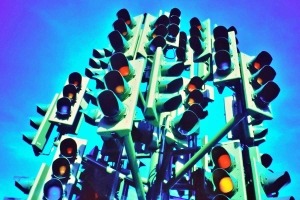 Image of many traffic lights together