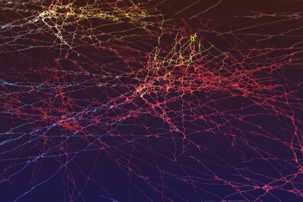 Visualización de una red neuronal con colores vibrantes que ilustran interconexiones complejas con el cerebro durante la noche.