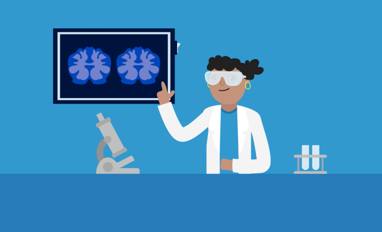 Illustration of female scientist pointing at brain scans in research lab setting.