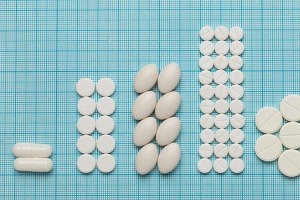 Different size and shape pills arranged on graph paper in a graph format