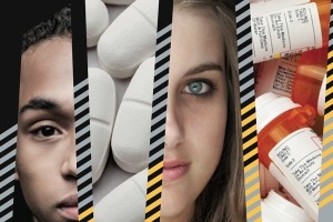 Collage with teen faces and prescription drugs